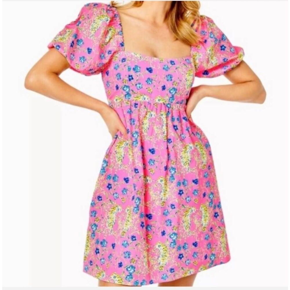 Lilly Pulitzer Mini Dress 16 Pink Tigress Kay Babydoll Smocked Spring Coastal - Picture 2 of 5